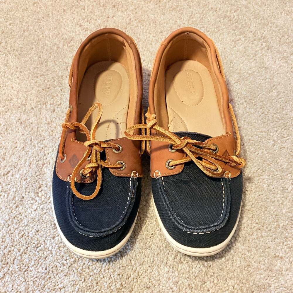 Sperry Boat Shoes Womens 9M Navy Canvas Tan Leather Top-Sider Lace STS95467
